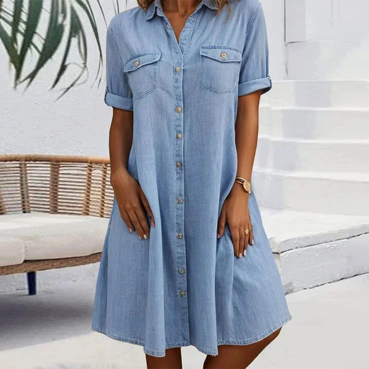 Evelina™ - Midi Dress with Notched Collar and Button