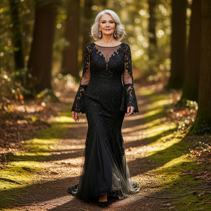Celina Noir Embroidered Gown