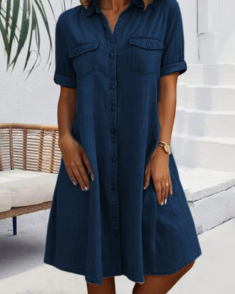 Evelina™ - Midi Dress with Notched Collar and Button