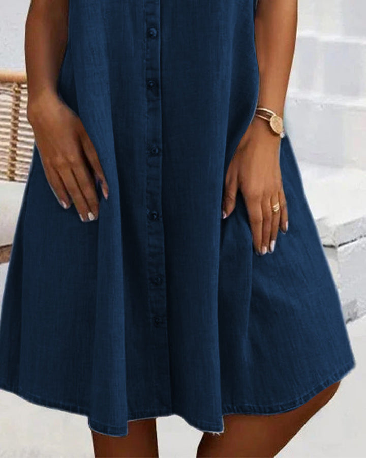 Evelina™ - Midi Dress with Notched Collar and Button