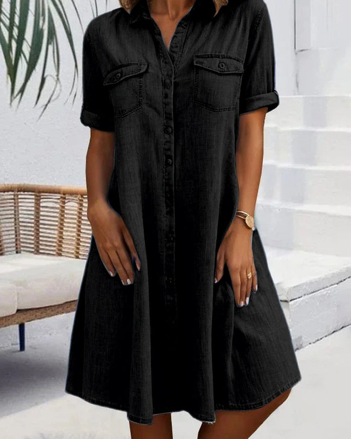 Evelina™ - Midi Dress with Notched Collar and Button