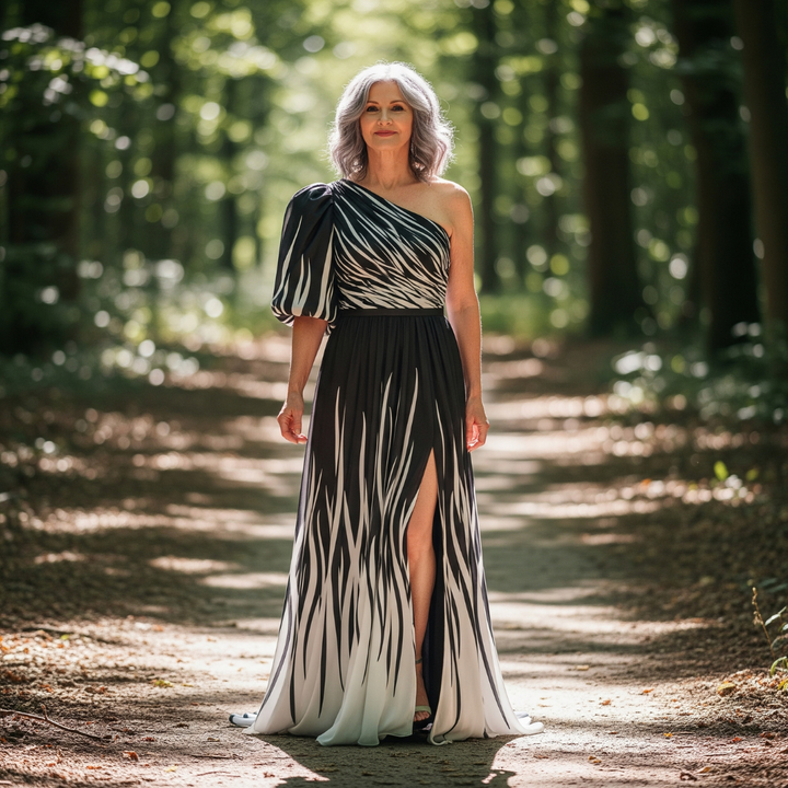 Isabella - Elegant Striped One Shoulder Maxi Dress