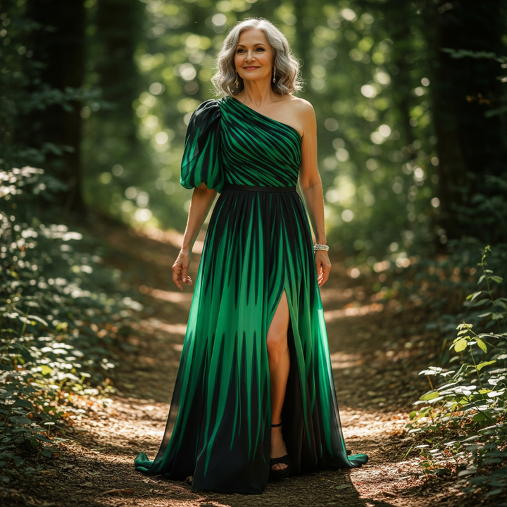 Isabella - Elegant Striped One Shoulder Maxi Dress