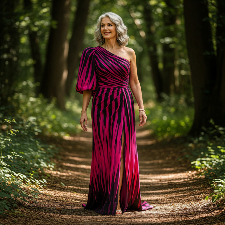 Isabella - Elegant Striped One Shoulder Maxi Dress