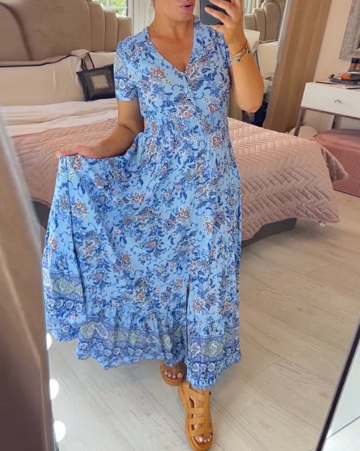 Denise™ - Floral Print Maxi Dress with V-Neck