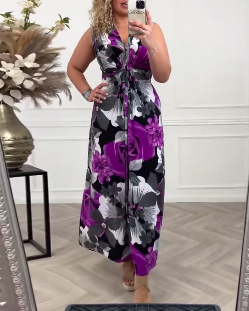 Sacha™ - Elegant Sleeveless Floral Pleated Dress
