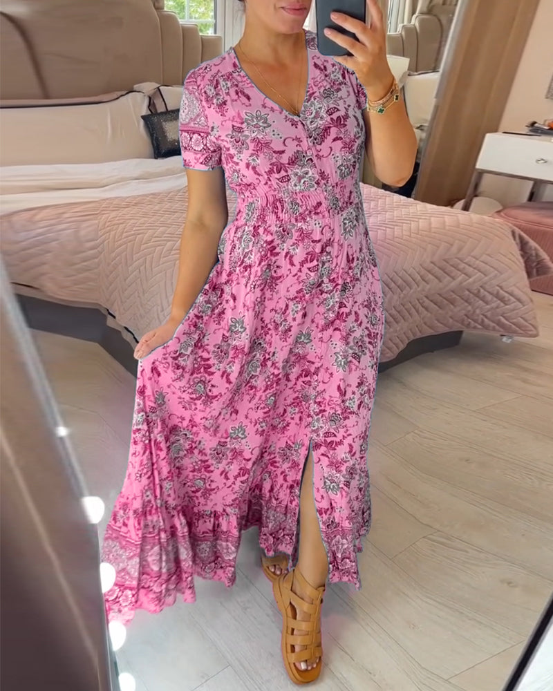 Denise™ - Floral Print Maxi Dress with V-Neck