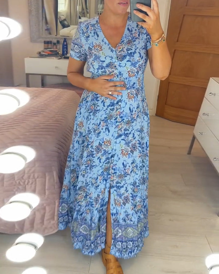 Denise™ - Floral Print Maxi Dress with V-Neck