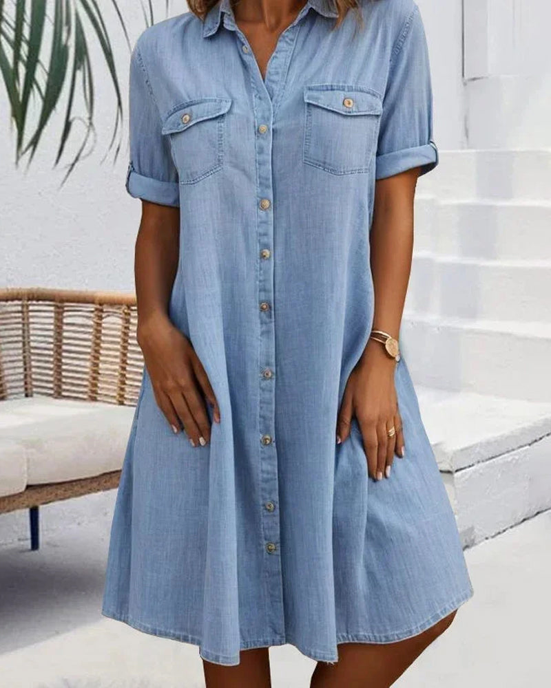 Evelina™ - Midi Dress with Notched Collar and Button