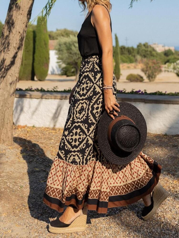 Jupe longue bohème à imprimé tribal baroque en noir