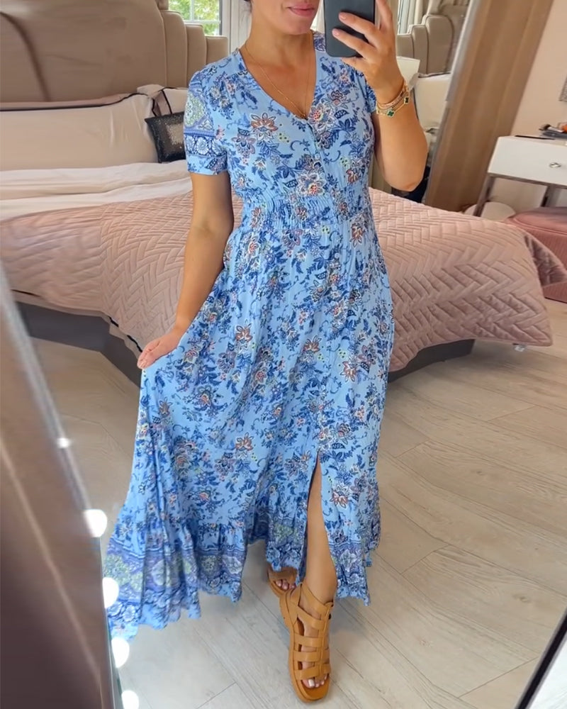 Denise™ - Floral Print Maxi Dress with V-Neck