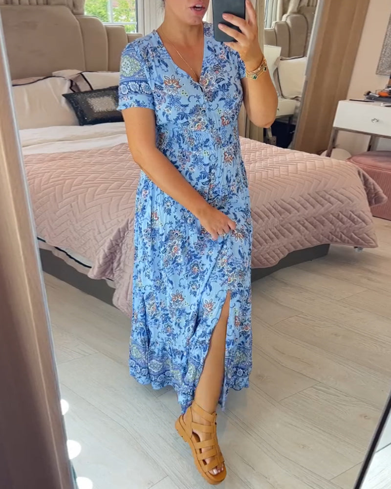 Denise™ - Floral Print Maxi Dress with V-Neck