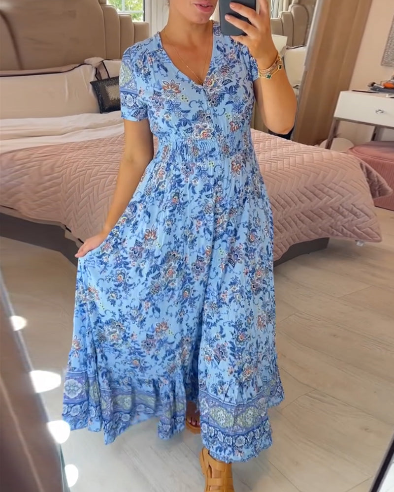 Denise™ - Floral Print Maxi Dress with V-Neck