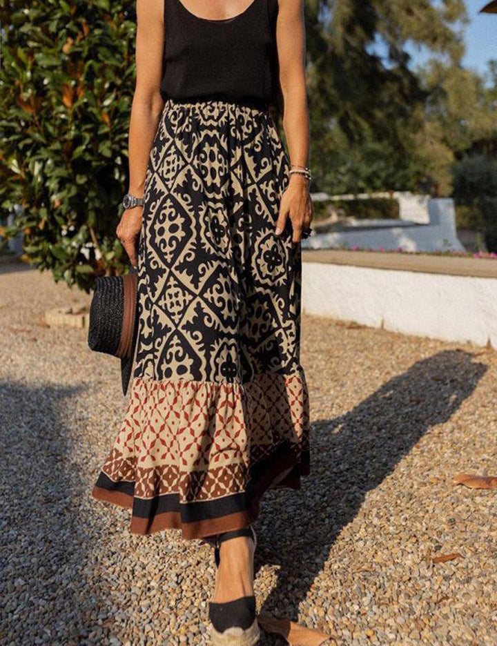 Jupe longue bohème à imprimé tribal baroque en noir