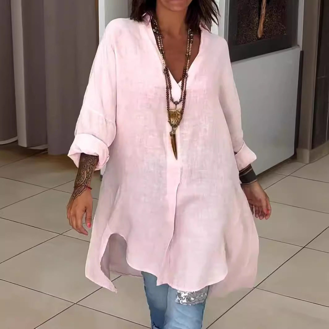 Melis™ - Summer Shirt in Cotton and Linen with V-Neck