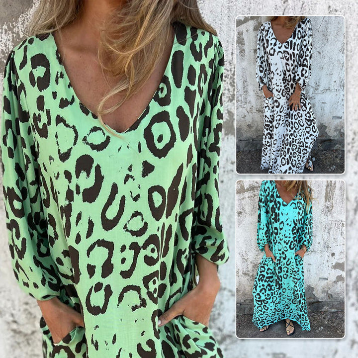 V-Neck Printed Flowing Dress with Pockets