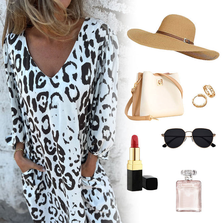 V-Neck Printed Flowing Dress with Pockets