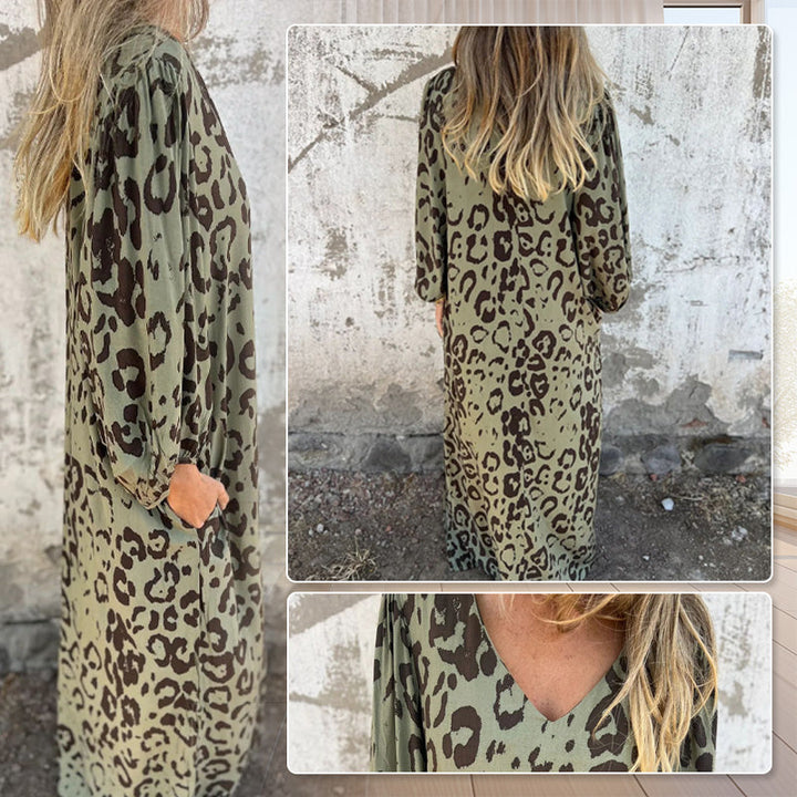 V-Neck Printed Flowing Dress with Pockets