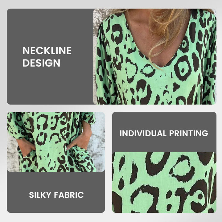 V-Neck Printed Flowing Dress with Pockets