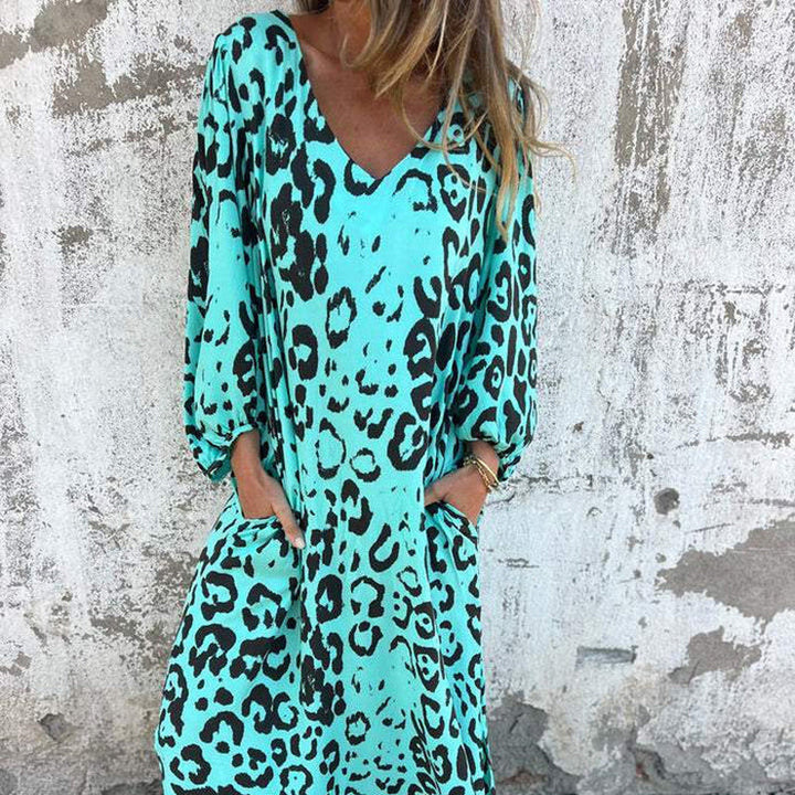 V-Neck Printed Flowing Dress with Pockets