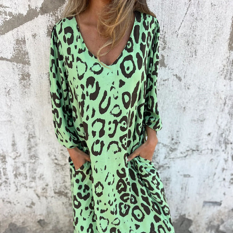 V-Neck Printed Flowing Dress with Pockets