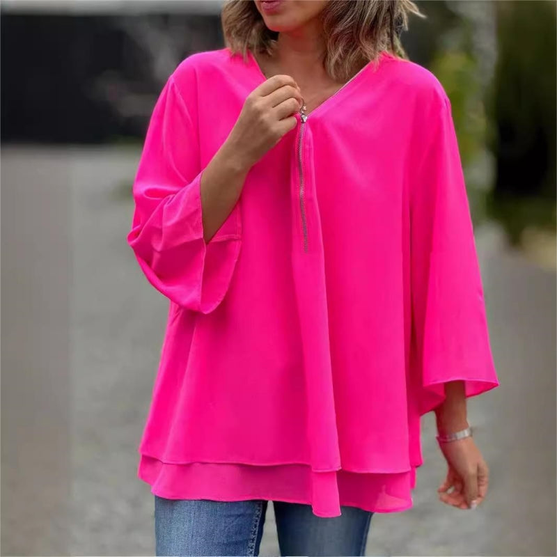 Ornella™ - Soft Double Layer Top with Zipper and V-Neck