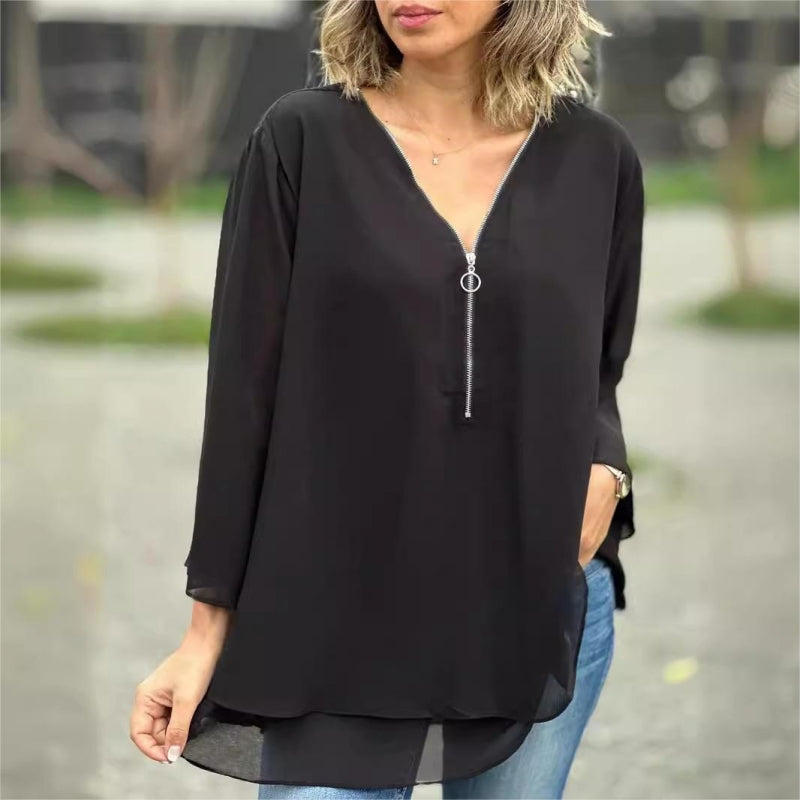 Ornella™ - Soft Double Layer Top with Zipper and V-Neck