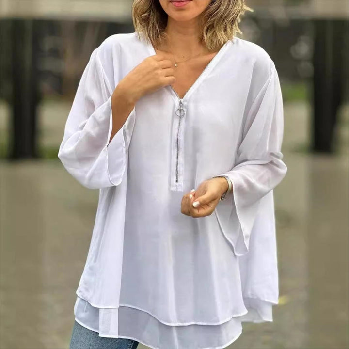 Ornella™ - Soft Double Layer Top with Zipper and V-Neck