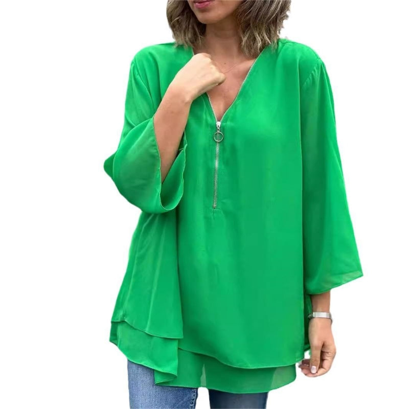 Ornella™ - Soft Double Layer Top with Zipper and V-Neck